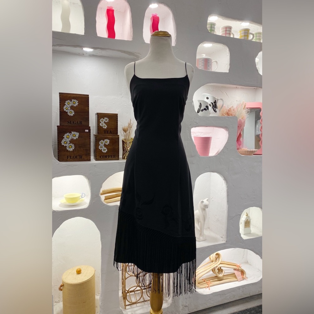 Vintage Adjustable Spaghetti Strap Little Black Dress w/ Embroidery & Fringe